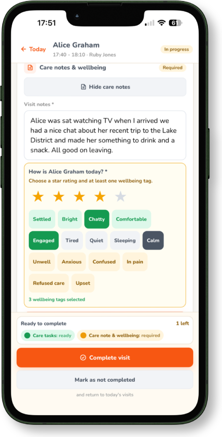 CareFlag mobile notes and wellbeing screen