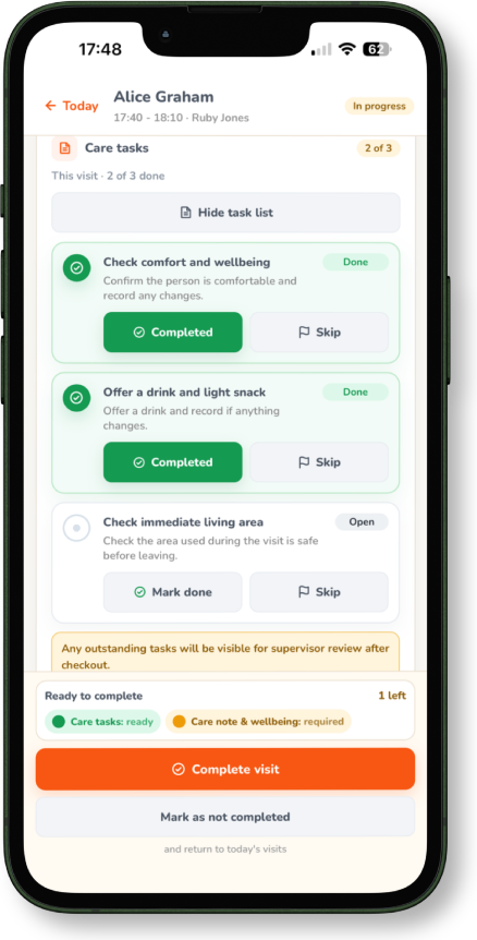 CareFlag mobile carer task screen for a care visit