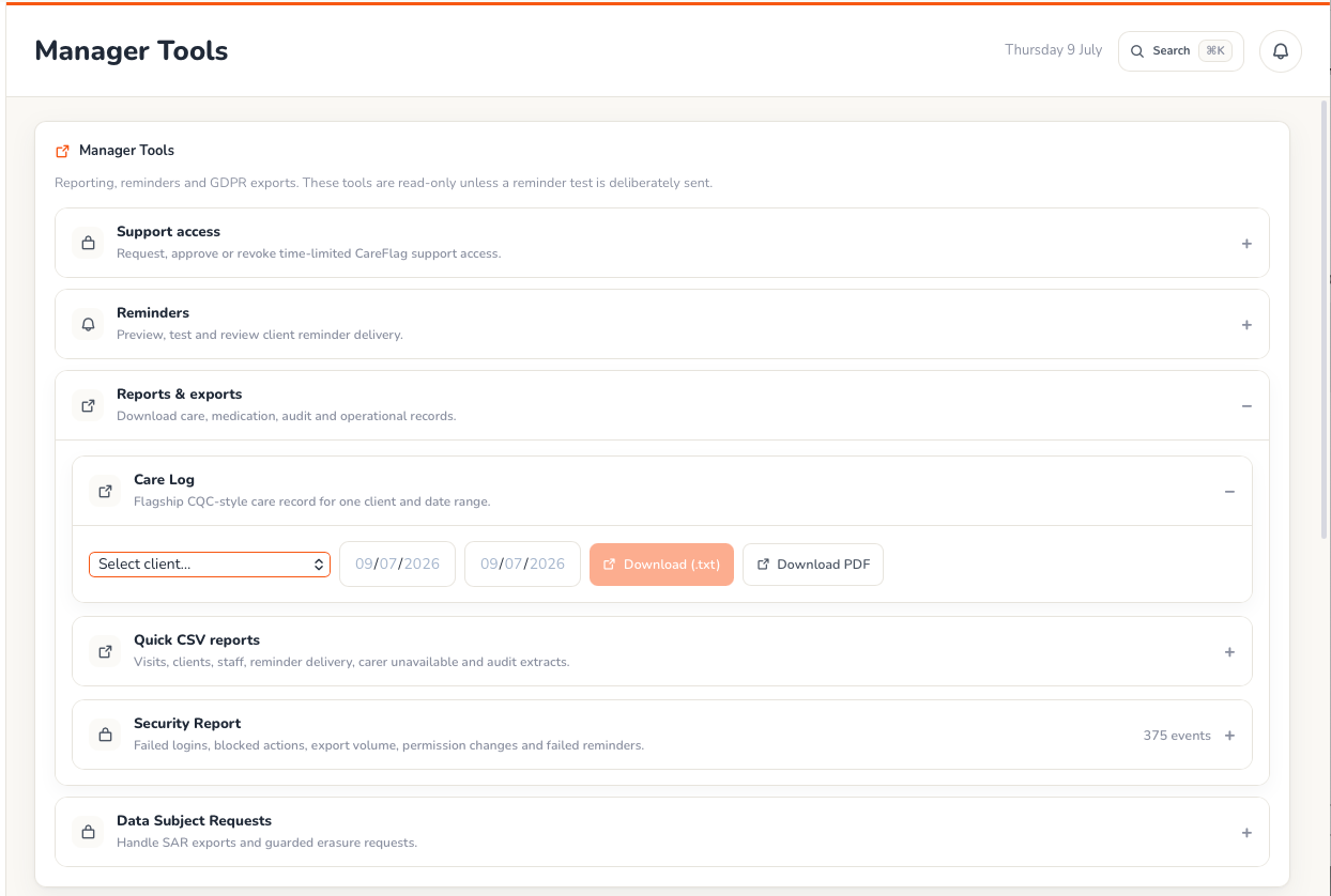 CareFlag reports and exports screen for care records